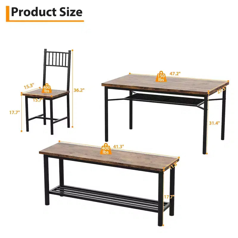 4-Piece Industrial Dining Set - Table, 2 Chairs & Bench with Metal Frame and Storage Rack for Small Spaces