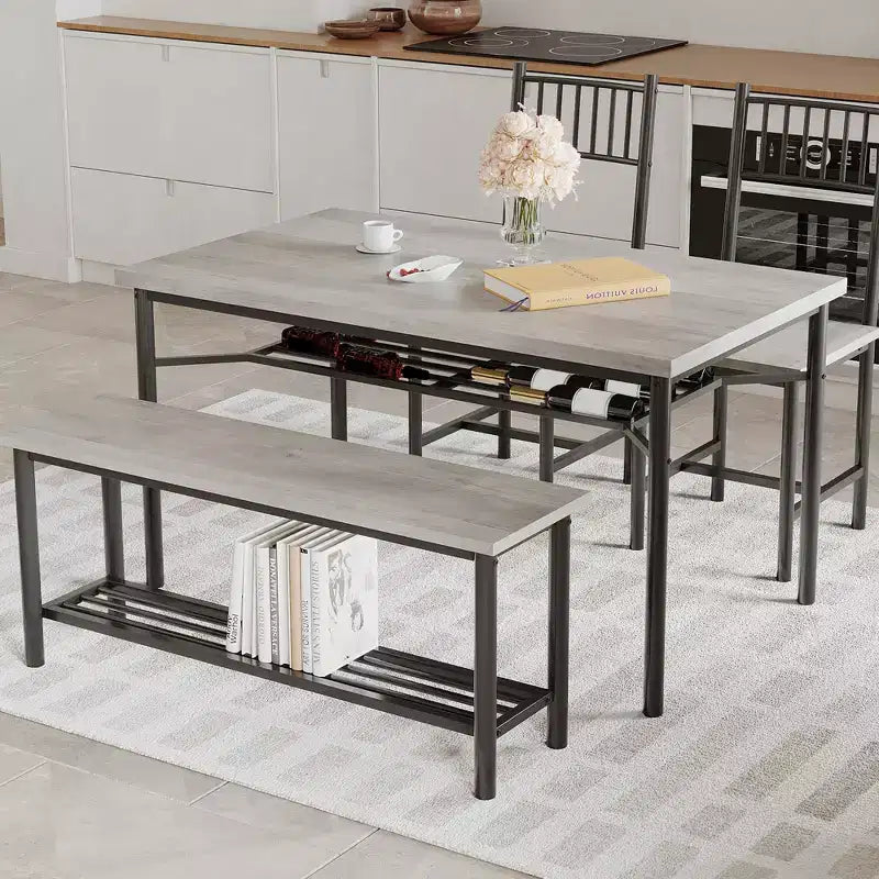 4-Piece Industrial Dining Set - Table, 2 Chairs & Bench with Metal Frame and Storage Rack for Small Spaces