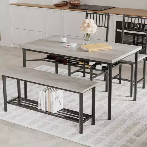 4-Piece Industrial Dining Set - Table, 2 Chairs & Bench with Metal Frame and Storage Rack for Small Spaces