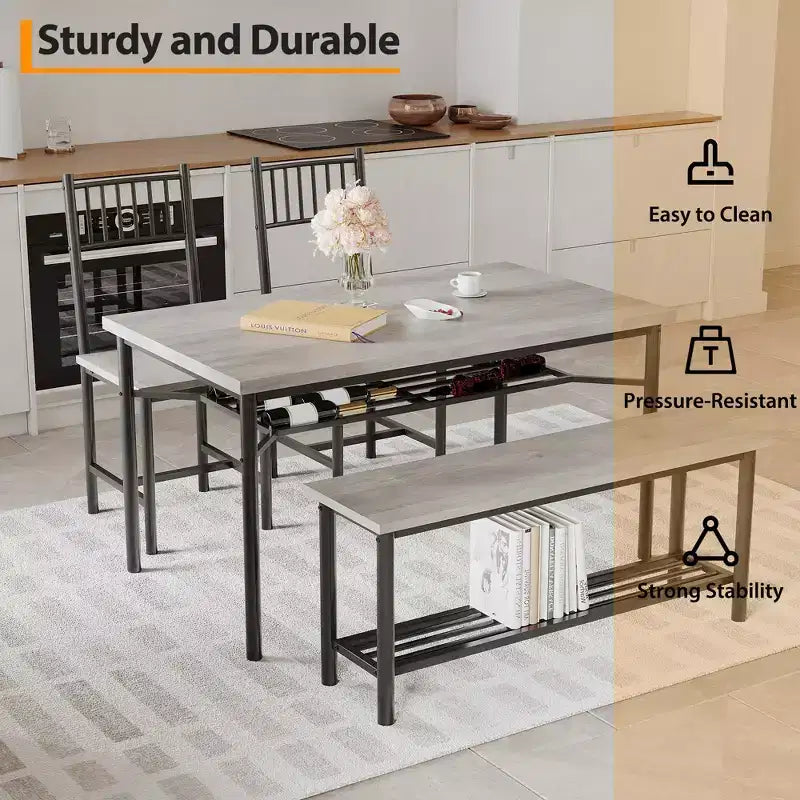 4-Piece Industrial Dining Set - Table, 2 Chairs & Bench with Metal Frame and Storage Rack for Small Spaces