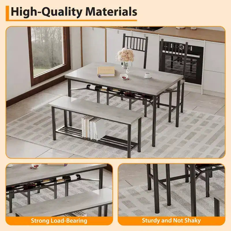 4-Piece Industrial Dining Set - Table, 2 Chairs & Bench with Metal Frame and Storage Rack for Small Spaces