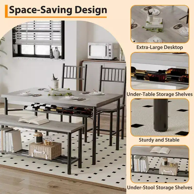 4-Piece Industrial Dining Set - Table, 2 Chairs & Bench with Metal Frame and Storage Rack for Small Spaces