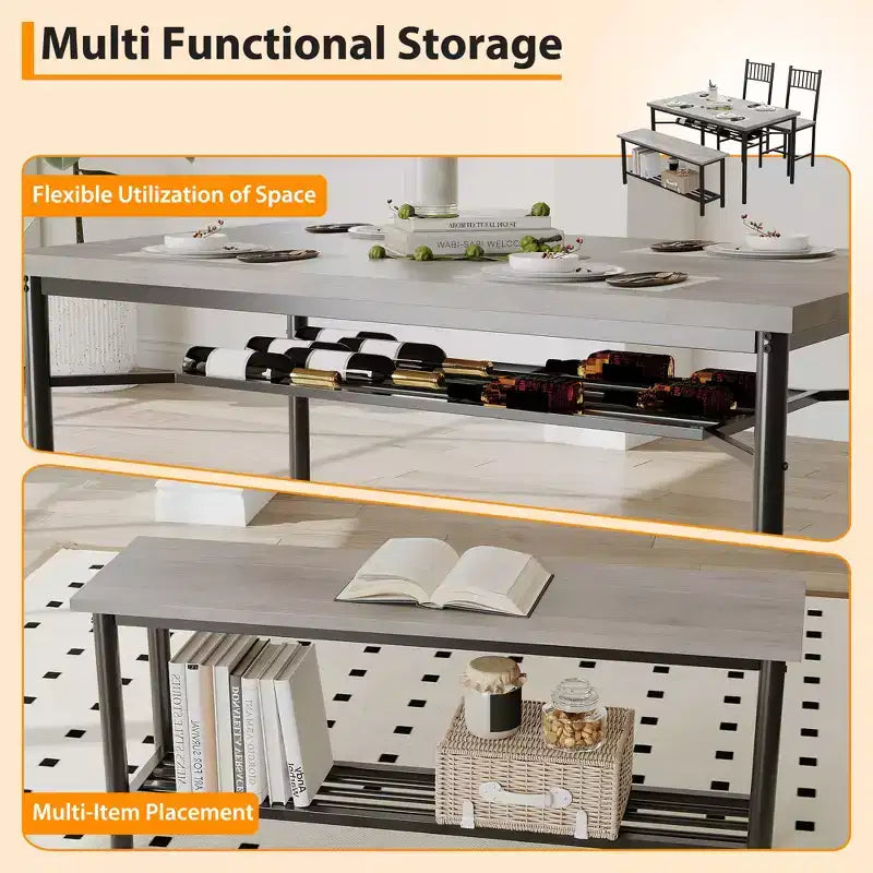 4-Piece Industrial Dining Set - Table, 2 Chairs & Bench with Metal Frame and Storage Rack for Small Spaces