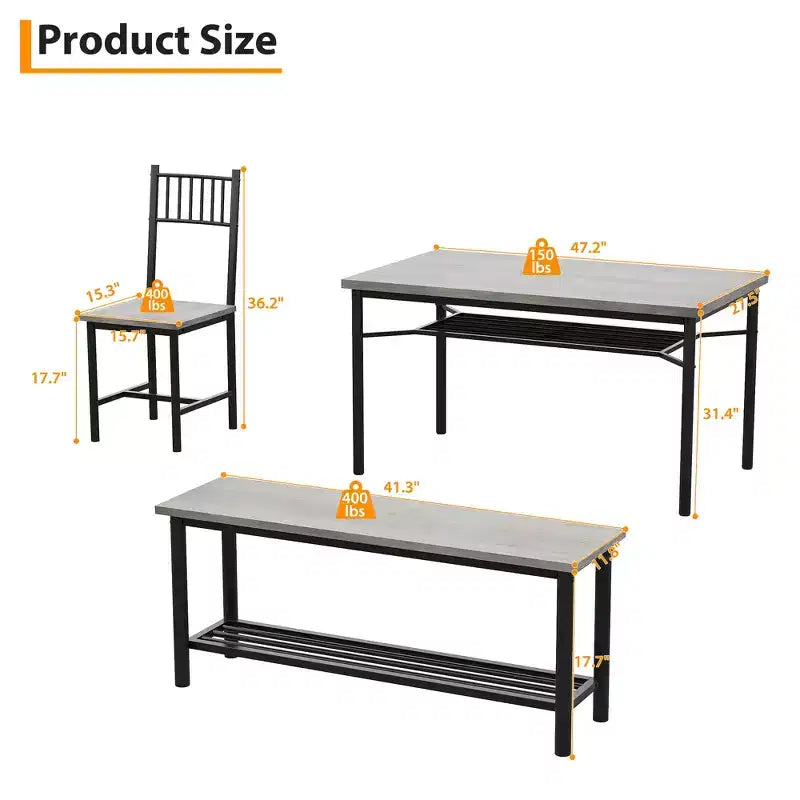 4-Piece Industrial Dining Set - Table, 2 Chairs & Bench with Metal Frame and Storage Rack for Small Spaces