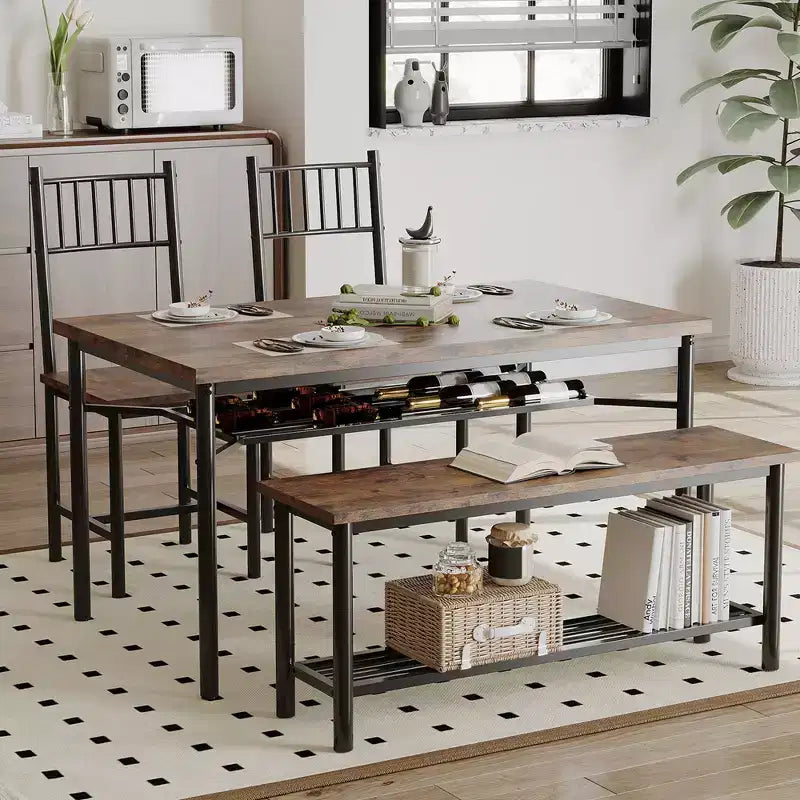 4-Piece Industrial Dining Set - Table, 2 Chairs & Bench with Metal Frame and Storage Rack for Small Spaces