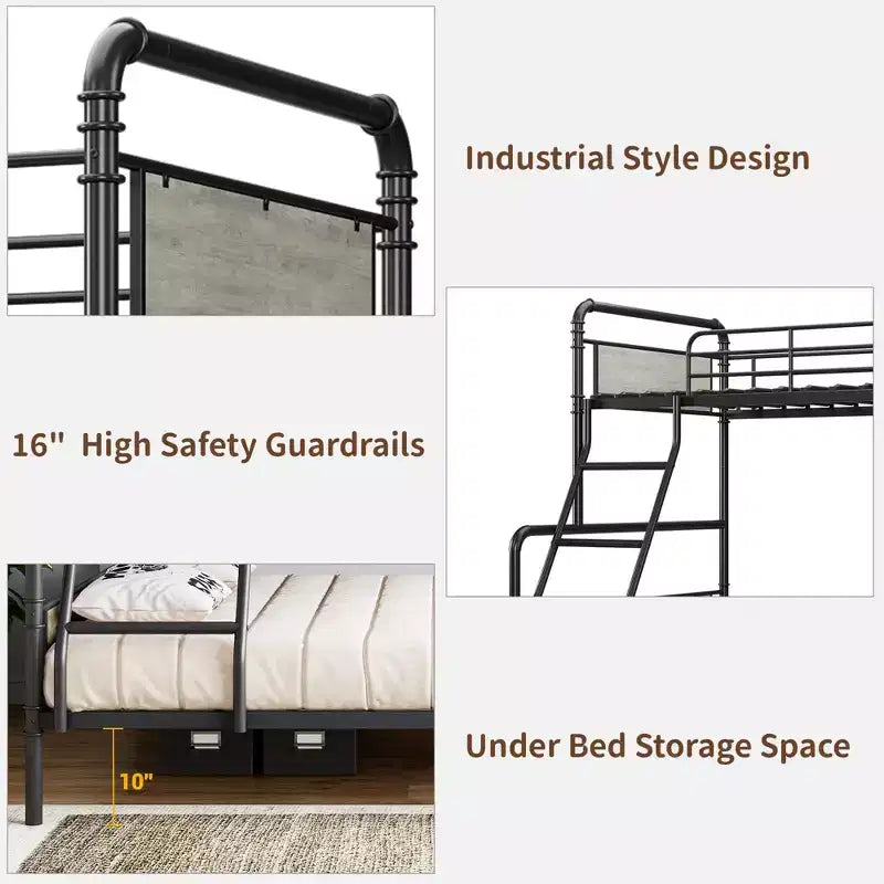 Metal Bunk Bed Twin Over Full Size with Angled Ladder, High Guardrail,Heavy Duty Bunk Bed Frame with Metal Slats, Smooth Rounded Edges, for Kids,Teens