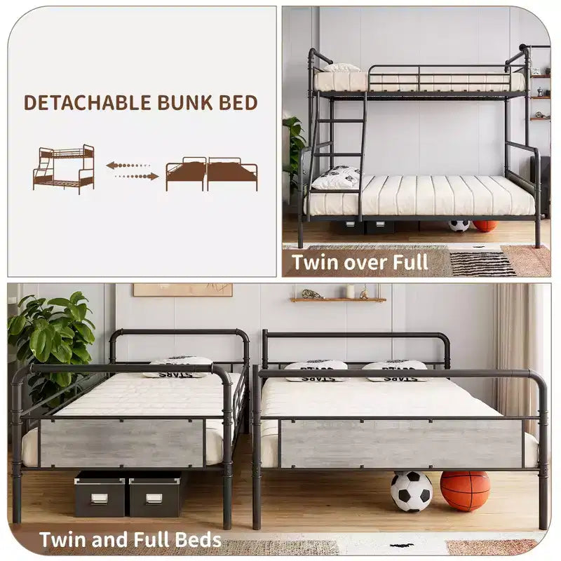 Metal Bunk Bed Twin Over Full Size with Angled Ladder, High Guardrail,Heavy Duty Bunk Bed Frame with Metal Slats, Smooth Rounded Edges, for Kids,Teens