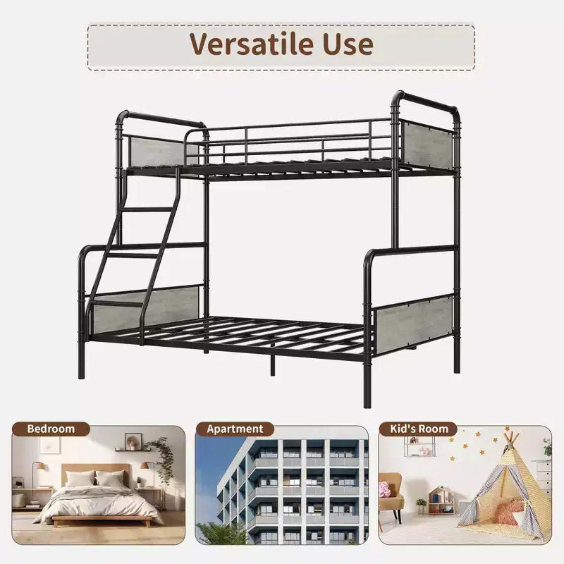 Metal Bunk Bed Twin Over Full Size with Angled Ladder, High Guardrail,Heavy Duty Bunk Bed Frame with Metal Slats, Smooth Rounded Edges, for Kids,Teens