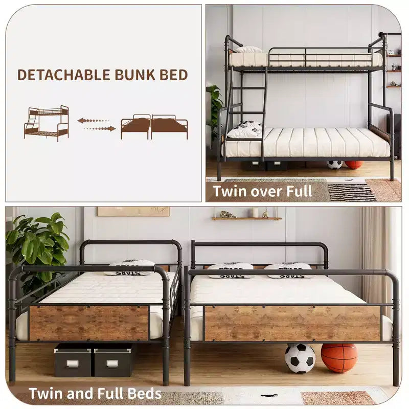 Metal Bunk Bed Twin Over Full Size with Angled Ladder, High Guardrail,Heavy Duty Bunk Bed Frame with Metal Slats, Smooth Rounded Edges, for Kids,Teens