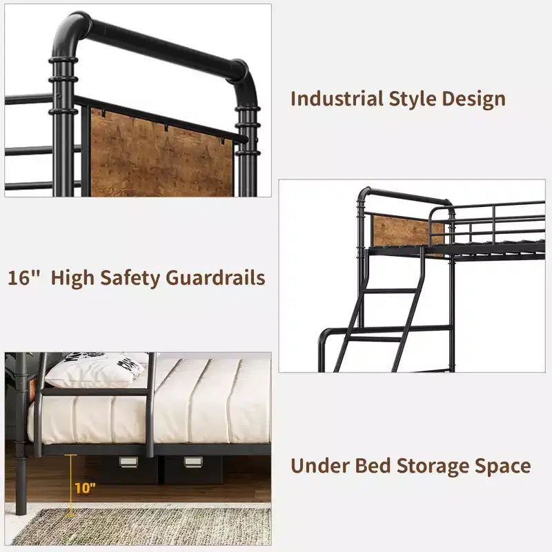 Metal Bunk Bed Twin Over Full Size with Angled Ladder, High Guardrail,Heavy Duty Bunk Bed Frame with Metal Slats, Smooth Rounded Edges, for Kids,Teens