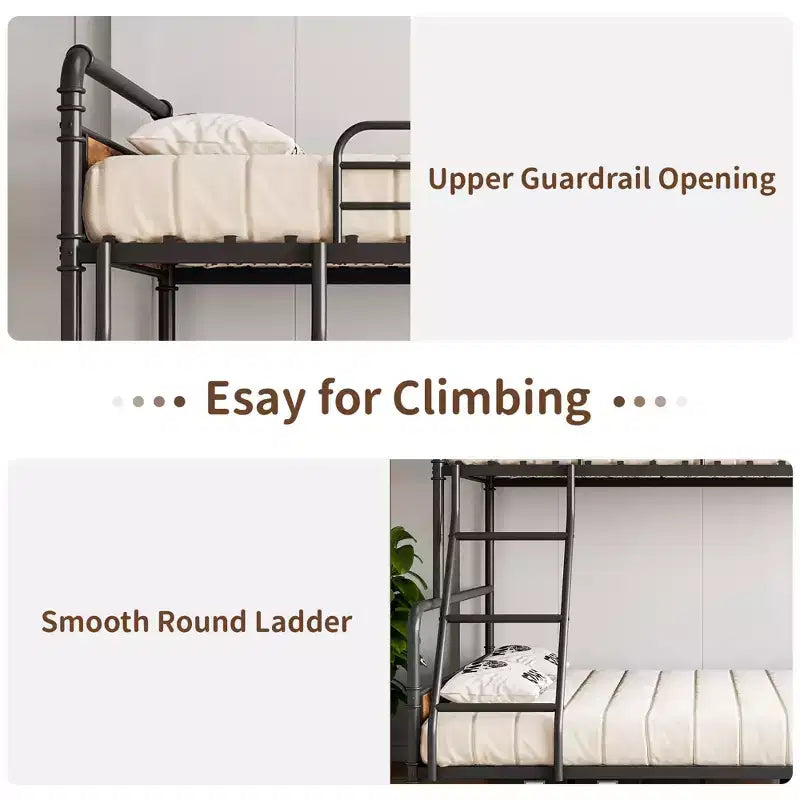 Metal Bunk Bed Twin Over Full Size with Angled Ladder, High Guardrail,Heavy Duty Bunk Bed Frame with Metal Slats, Smooth Rounded Edges, for Kids,Teens