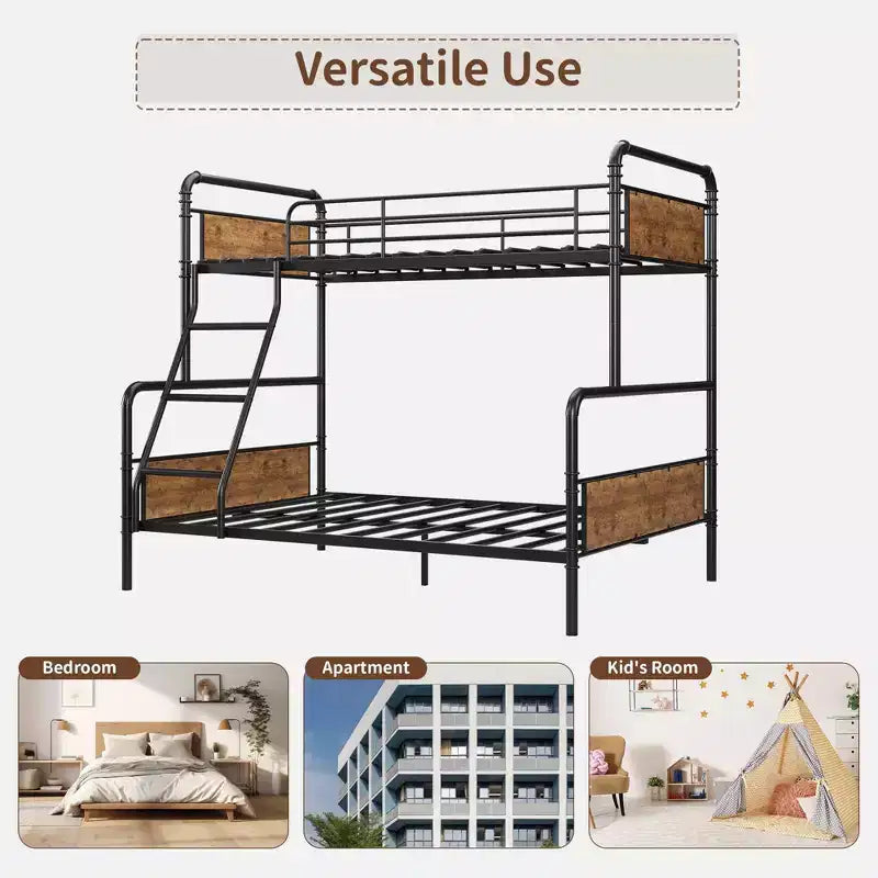 Metal Bunk Bed Twin Over Full Size with Angled Ladder, High Guardrail,Heavy Duty Bunk Bed Frame with Metal Slats, Smooth Rounded Edges, for Kids,Teens