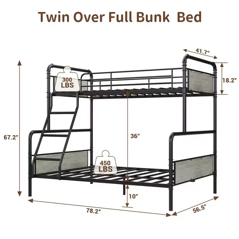 Metal Bunk Bed Twin Over Full Size with Angled Ladder, High Guardrail,Heavy Duty Bunk Bed Frame with Metal Slats, Smooth Rounded Edges, for Kids,Teens