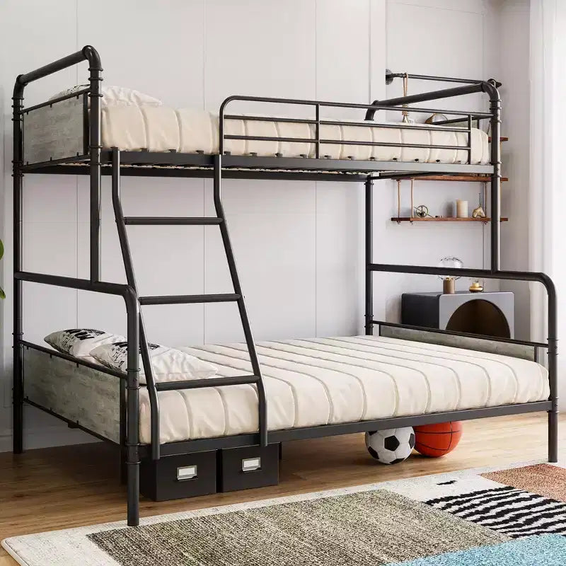 Metal Bunk Bed Twin Over Full Size with Angled Ladder, High Guardrail,Heavy Duty Bunk Bed Frame with Metal Slats, Smooth Rounded Edges, for Kids,Teens