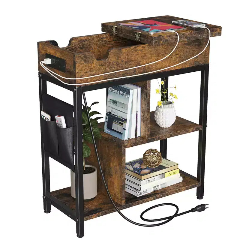 End Table, Flip Top Side Table, 3 Tier Small Couch Table, Bedside Table with Shelves Storage Bag, for Living Room Bedroom, Brown