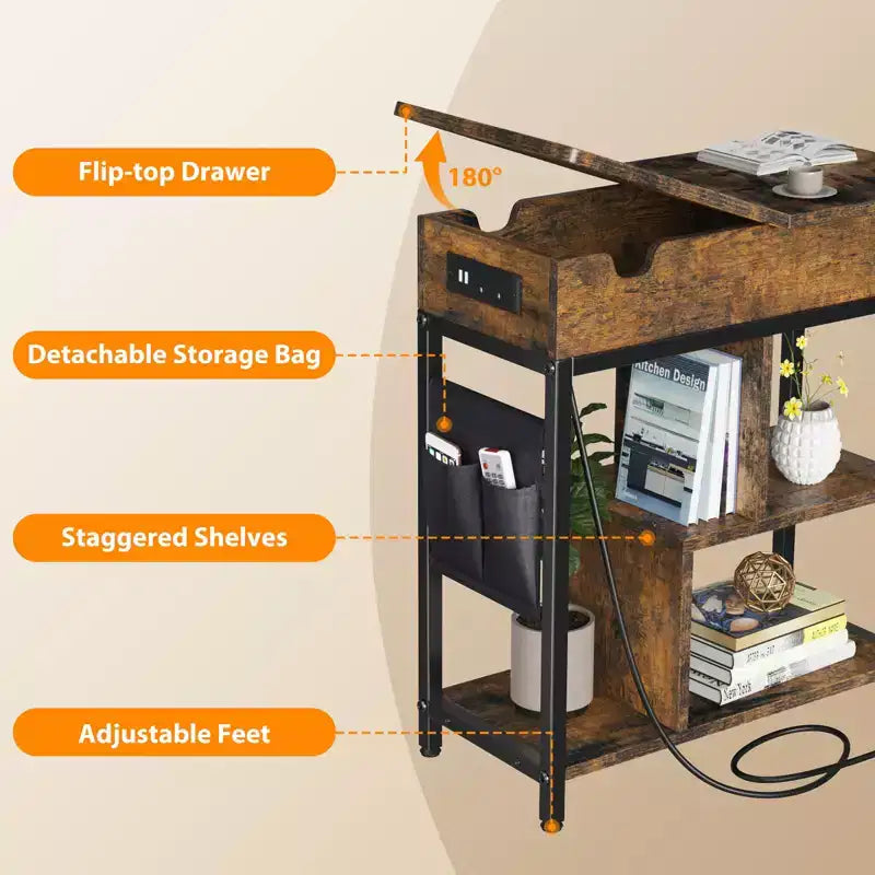End Table, Flip Top Side Table, 3 Tier Small Couch Table, Bedside Table with Shelves Storage Bag, for Living Room Bedroom, Brown