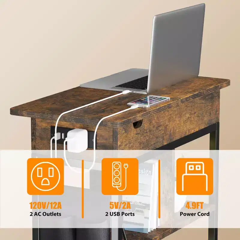 End Table, Flip Top Side Table, 3 Tier Small Couch Table, Bedside Table with Shelves Storage Bag, for Living Room Bedroom, Brown