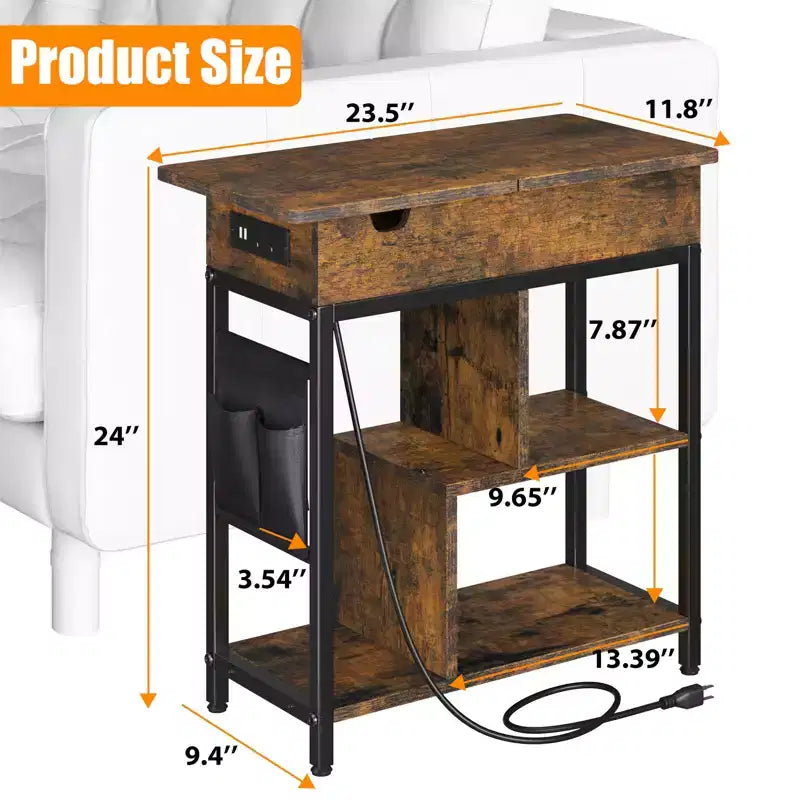 End Table, Flip Top Side Table, 3 Tier Small Couch Table, Bedside Table with Shelves Storage Bag, for Living Room Bedroom, Brown