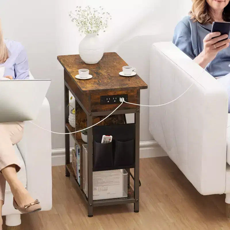 End Table, Flip Top Side Table, 3 Tier Small Couch Table, Bedside Table with Shelves Storage Bag, for Living Room Bedroom, Brown