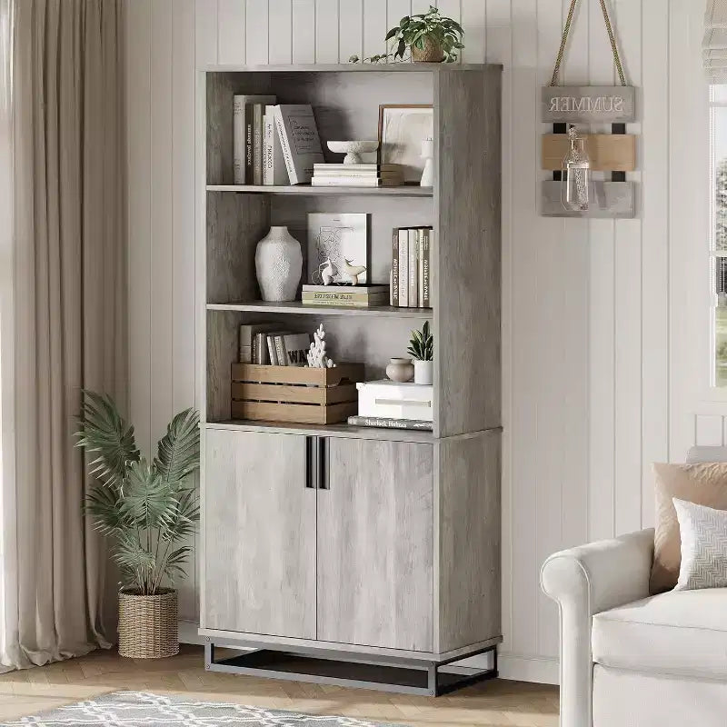 5 Tier Bookcase with Adjustable Shelves and Doors, Tall Bookshelf w/Metal Legs, Rustic Bookcase for Living Room Apartment Office