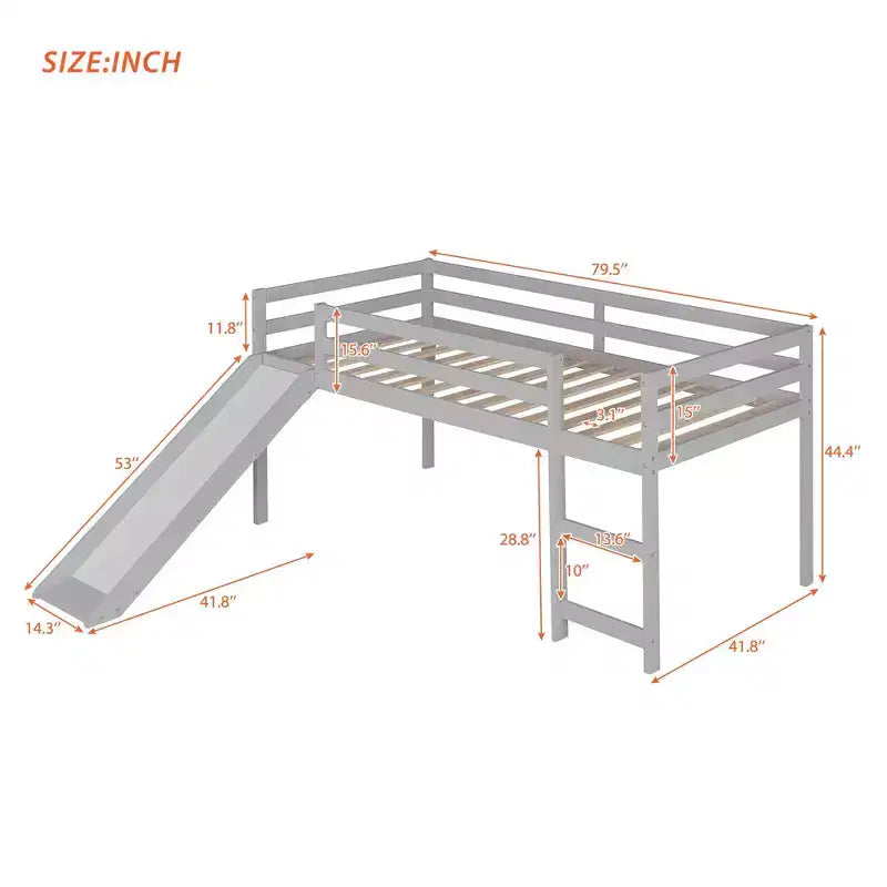 Okak Twin Size Solid Wood Low Loft Bed with Slide & Ladder & Guardrails,Minimalist Bed Frame for Kids Room,Bedroom