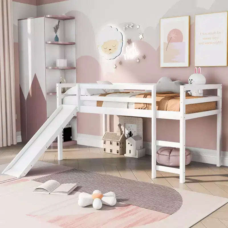 Okak Twin Size Solid Wood Low Loft Bed with Slide & Ladder & Guardrails,Minimalist Bed Frame for Kids Room,Bedroom