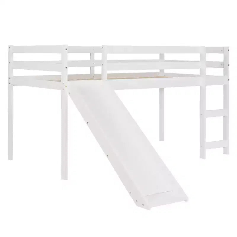 Okak Twin Size Solid Wood Low Loft Bed with Slide & Ladder & Guardrails,Minimalist Bed Frame for Kids Room,Bedroom