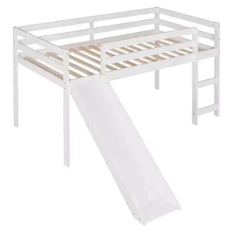 Okak Twin Size Solid Wood Low Loft Bed with Slide & Ladder & Guardrails,Minimalist Bed Frame for Kids Room,Bedroom