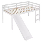 Okak Twin Size Solid Wood Low Loft Bed with Slide & Ladder & Guardrails,Minimalist Bed Frame for Kids Room,Bedroom
