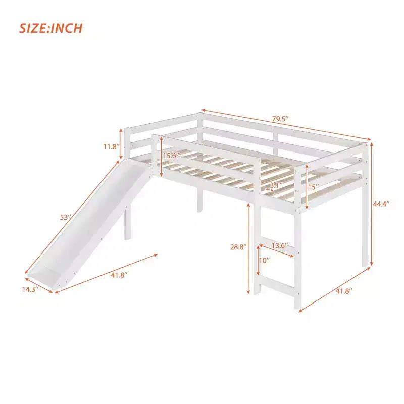 Okak Twin Size Solid Wood Low Loft Bed with Slide & Ladder & Guardrails,Minimalist Bed Frame for Kids Room,Bedroom