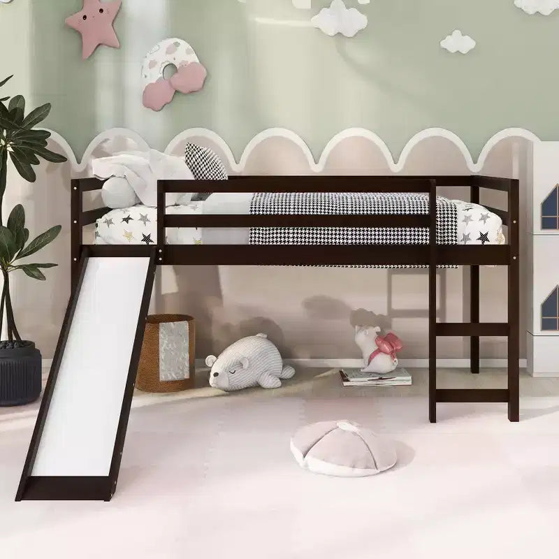 Okak Twin Size Solid Wood Low Loft Bed with Slide & Ladder & Guardrails,Minimalist Bed Frame for Kids Room,Bedroom