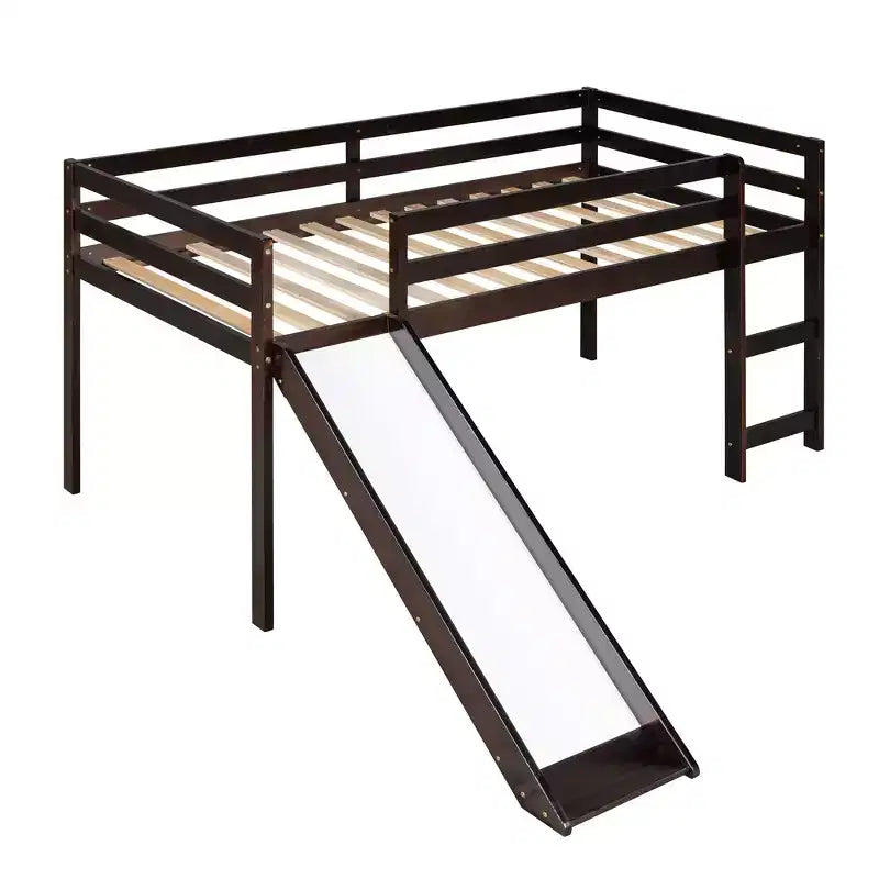 Okak Twin Size Solid Wood Low Loft Bed with Slide & Ladder & Guardrails,Minimalist Bed Frame for Kids Room,Bedroom