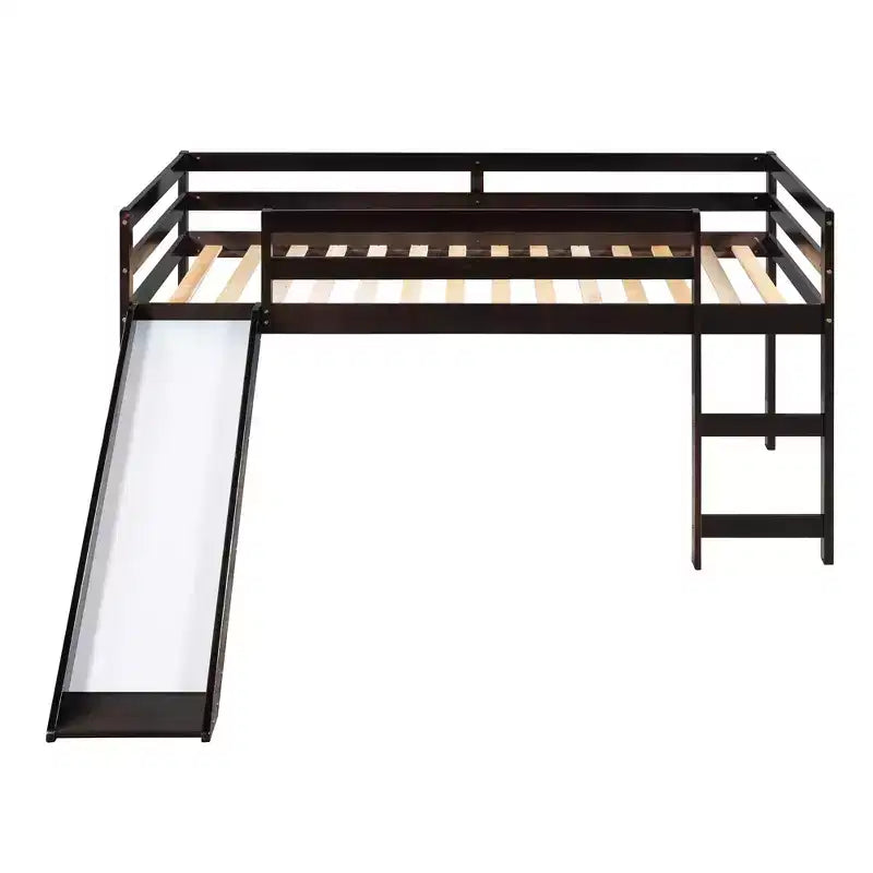 Okak Twin Size Solid Wood Low Loft Bed with Slide & Ladder & Guardrails,Minimalist Bed Frame for Kids Room,Bedroom