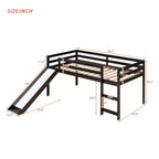 Okak Twin Size Solid Wood Low Loft Bed with Slide & Ladder & Guardrails,Minimalist Bed Frame for Kids Room,Bedroom