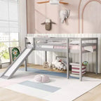 Okak Twin Size Solid Wood Low Loft Bed with Slide & Ladder & Guardrails,Minimalist Bed Frame for Kids Room,Bedroom