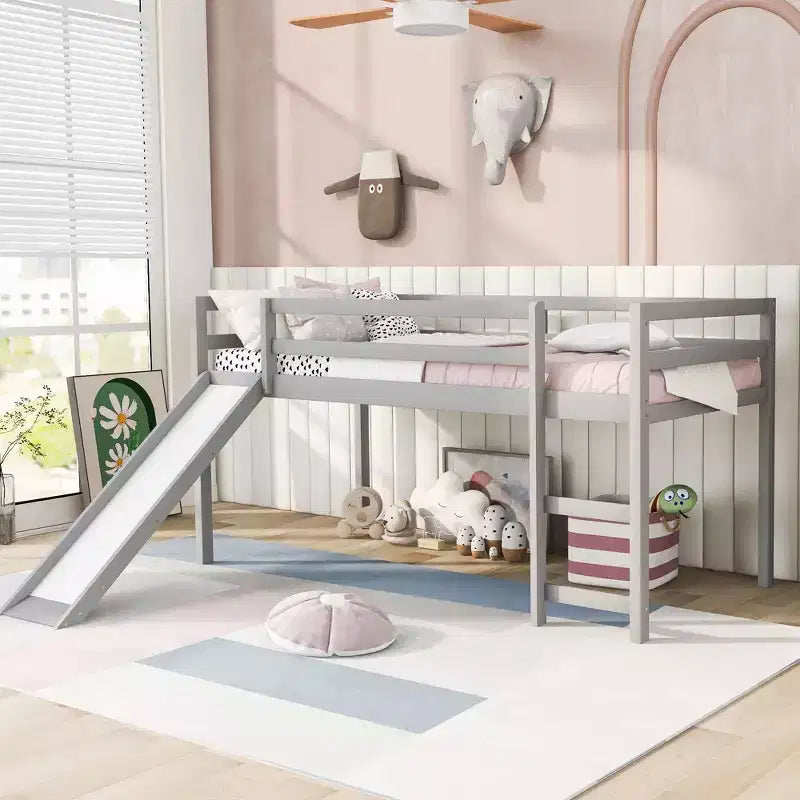 Okak Twin Size Solid Wood Low Loft Bed with Slide & Ladder & Guardrails,Minimalist Bed Frame for Kids Room,Bedroom