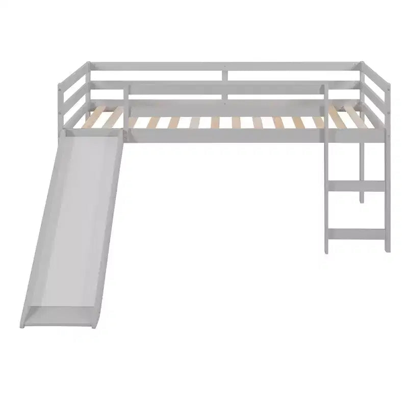 Okak Twin Size Solid Wood Low Loft Bed with Slide & Ladder & Guardrails,Minimalist Bed Frame for Kids Room,Bedroom