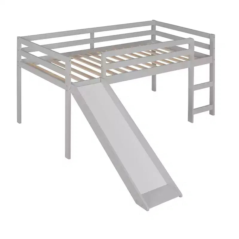 Okak Twin Size Solid Wood Low Loft Bed with Slide & Ladder & Guardrails,Minimalist Bed Frame for Kids Room,Bedroom