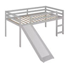 Okak Twin Size Solid Wood Low Loft Bed with Slide & Ladder & Guardrails,Minimalist Bed Frame for Kids Room,Bedroom