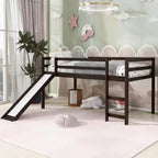 Okak Twin Size Solid Wood Low Loft Bed with Slide & Ladder & Guardrails,Minimalist Bed Frame for Kids Room,Bedroom