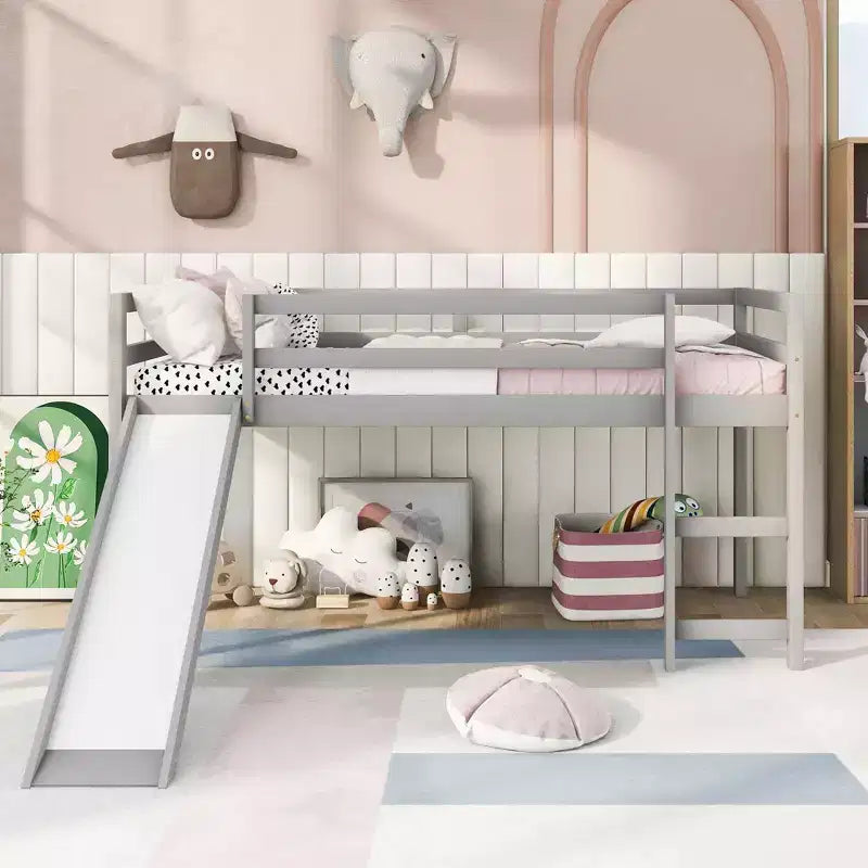 Okak Twin Size Solid Wood Low Loft Bed with Slide & Ladder & Guardrails,Minimalist Bed Frame for Kids Room,Bedroom