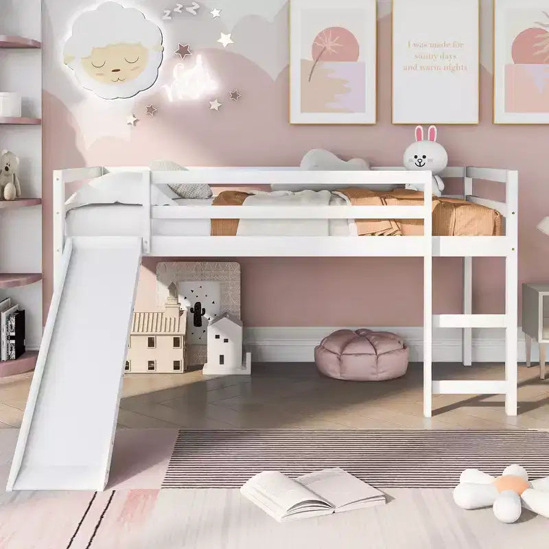 Okak Twin Size Solid Wood Low Loft Bed with Slide & Ladder & Guardrails,Minimalist Bed Frame for Kids Room,Bedroom