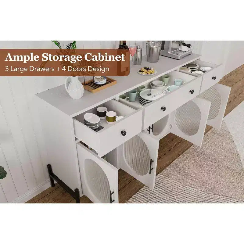 Buffet Cabinet with Storage, Wooden Buffet Cabinet with 3 Drawers & 4 Glass Doors, Coffee Bar Cabinet Buffet Table for Dinning Room, Kitchen