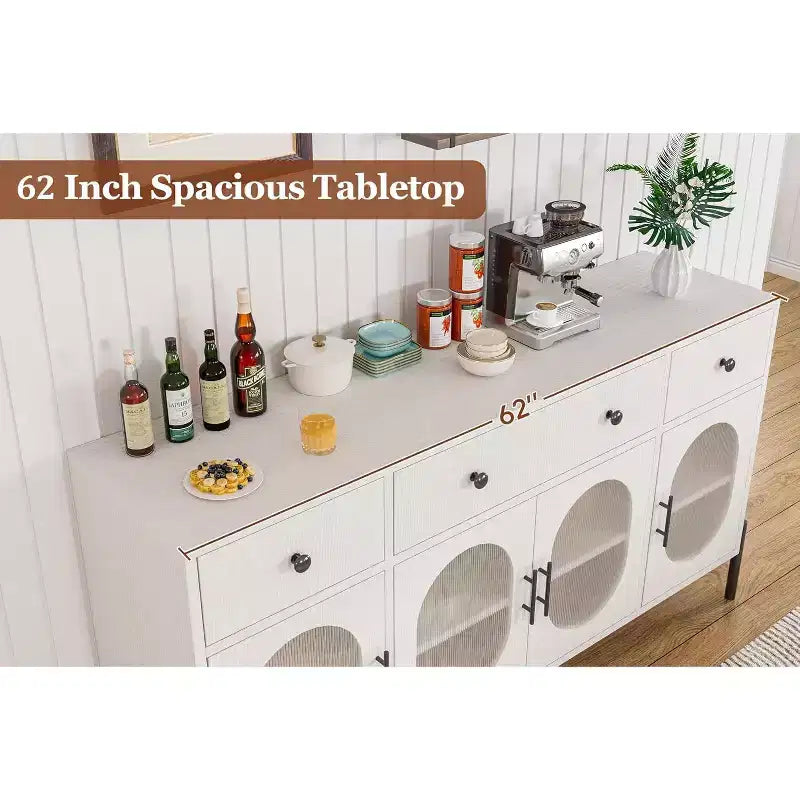 Buffet Cabinet with Storage, Wooden Buffet Cabinet with 3 Drawers & 4 Glass Doors, Coffee Bar Cabinet Buffet Table for Dinning Room, Kitchen
