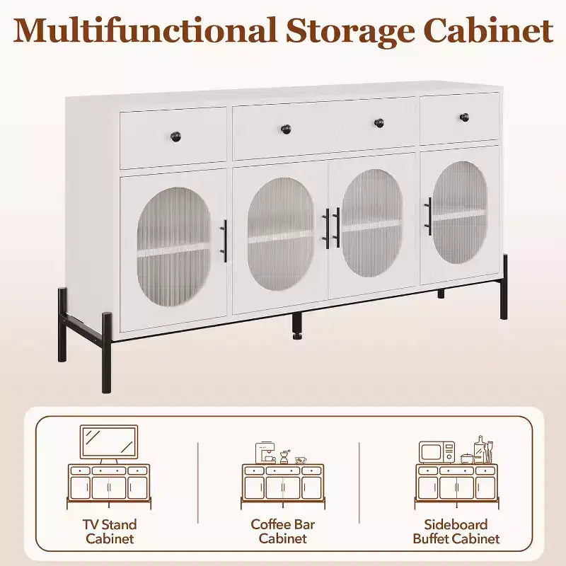 Buffet Cabinet with Storage, Wooden Buffet Cabinet with 3 Drawers & 4 Glass Doors, Coffee Bar Cabinet Buffet Table for Dinning Room, Kitchen