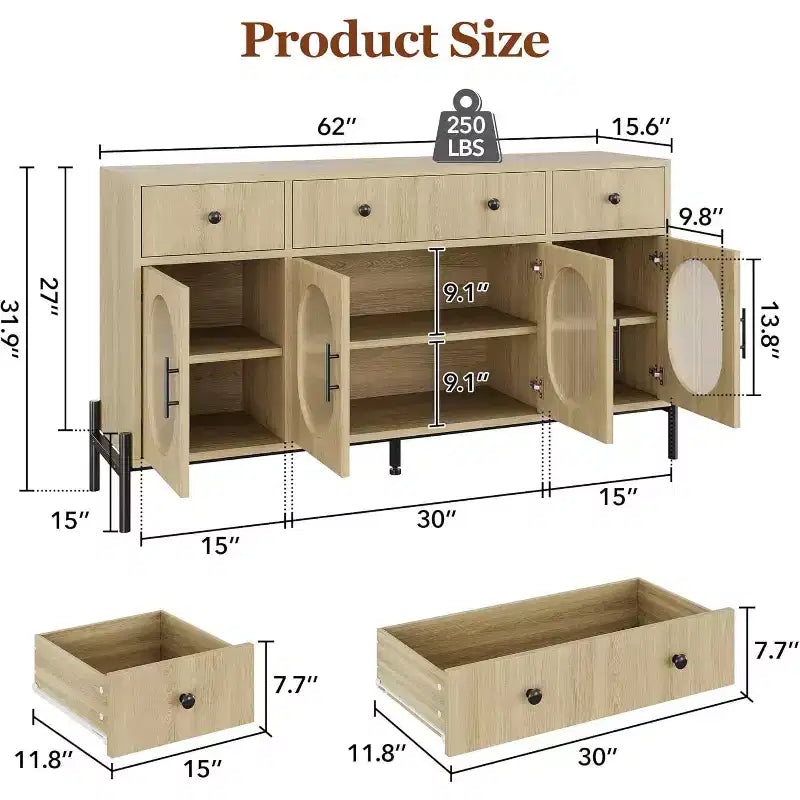 Buffet Cabinet with Storage, Wooden Buffet Cabinet with 3 Drawers & 4 Glass Doors, Coffee Bar Cabinet Buffet Table for Dinning Room, Kitchen