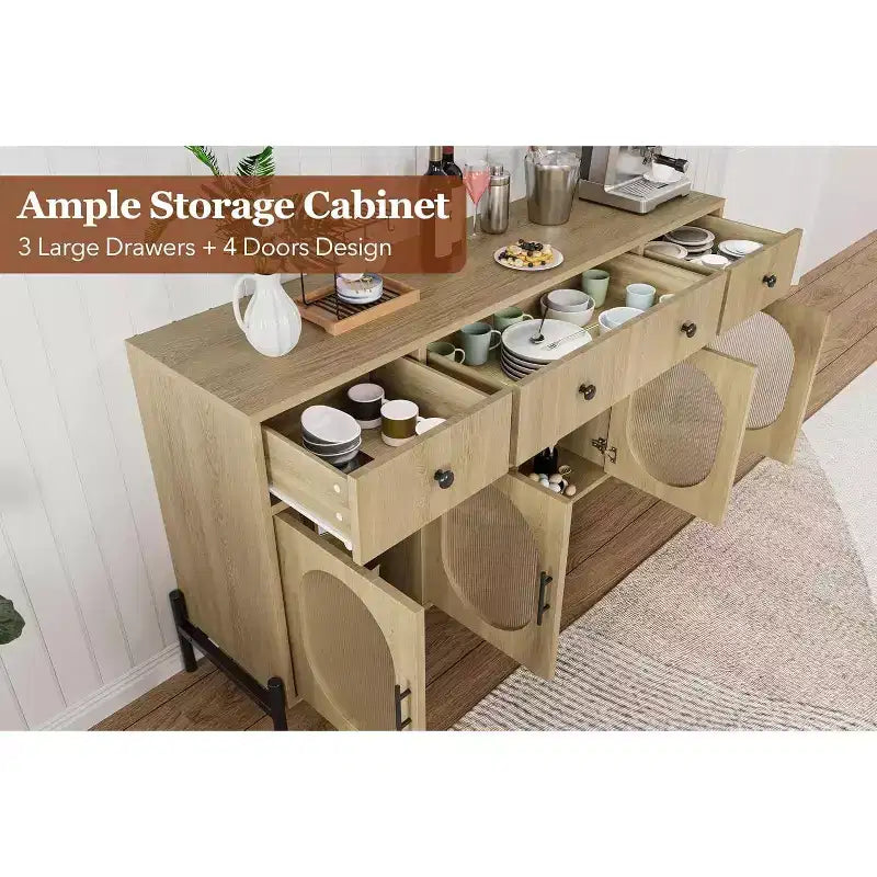 Buffet Cabinet with Storage, Wooden Buffet Cabinet with 3 Drawers & 4 Glass Doors, Coffee Bar Cabinet Buffet Table for Dinning Room, Kitchen