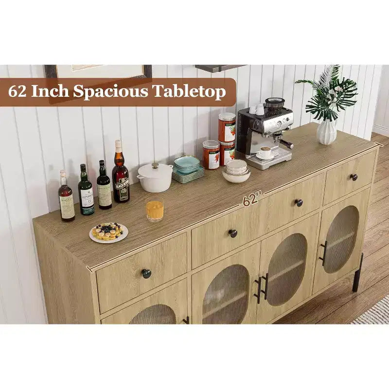 Buffet Cabinet with Storage, Wooden Buffet Cabinet with 3 Drawers & 4 Glass Doors, Coffee Bar Cabinet Buffet Table for Dinning Room, Kitchen