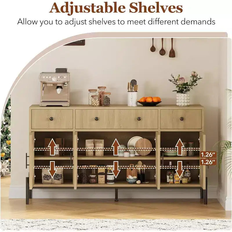 Buffet Cabinet with Storage, Wooden Buffet Cabinet with 3 Drawers & 4 Glass Doors, Coffee Bar Cabinet Buffet Table for Dinning Room, Kitchen