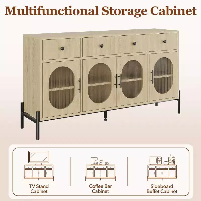 Buffet Cabinet with Storage, Wooden Buffet Cabinet with 3 Drawers & 4 Glass Doors, Coffee Bar Cabinet Buffet Table for Dinning Room, Kitchen